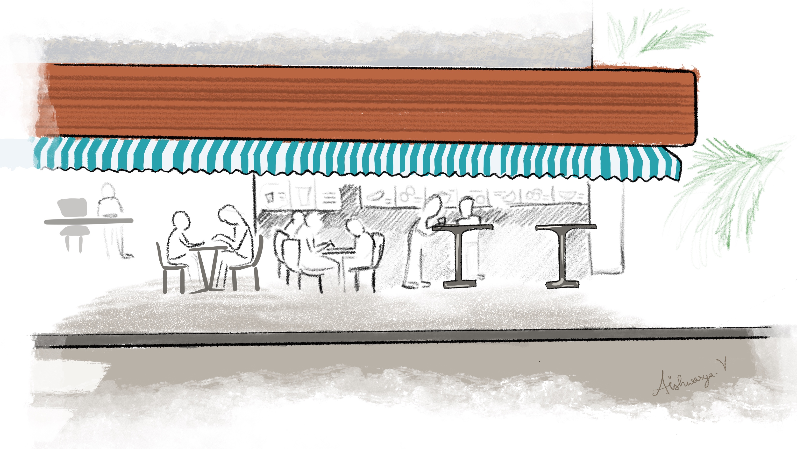 An illustration of a restaurant by the road. Figures crowd around a steel standing table, few figures are seated at tables. A large striped awning is over the figures. The illustration is representative of a 'darshini' - famous in the state of Karnataka, in India.